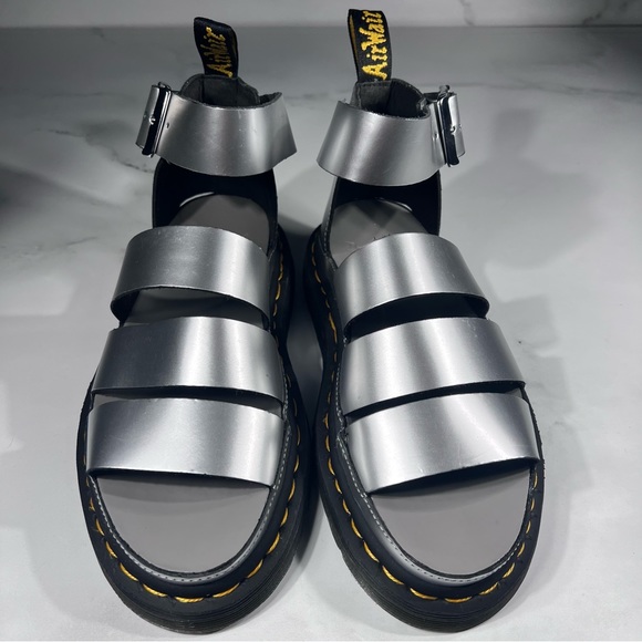 Dr Martens Clarissa II Silver Metallic Calf Black Leather Platform Sandals - Picture 3 of 10